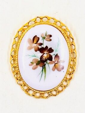 Vintage Gold Tone Framed Milk Glass Hand Painted Brown Floral Cameo Brooch
